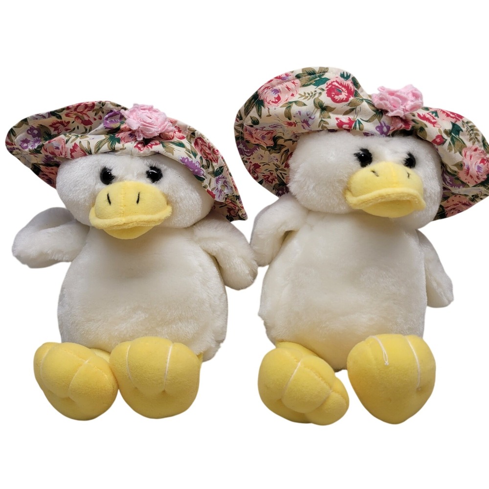 2 Heartwarmers Plush Duck White Yellow Floral Sun Hat Easter Gift Spring Vtg AGC
